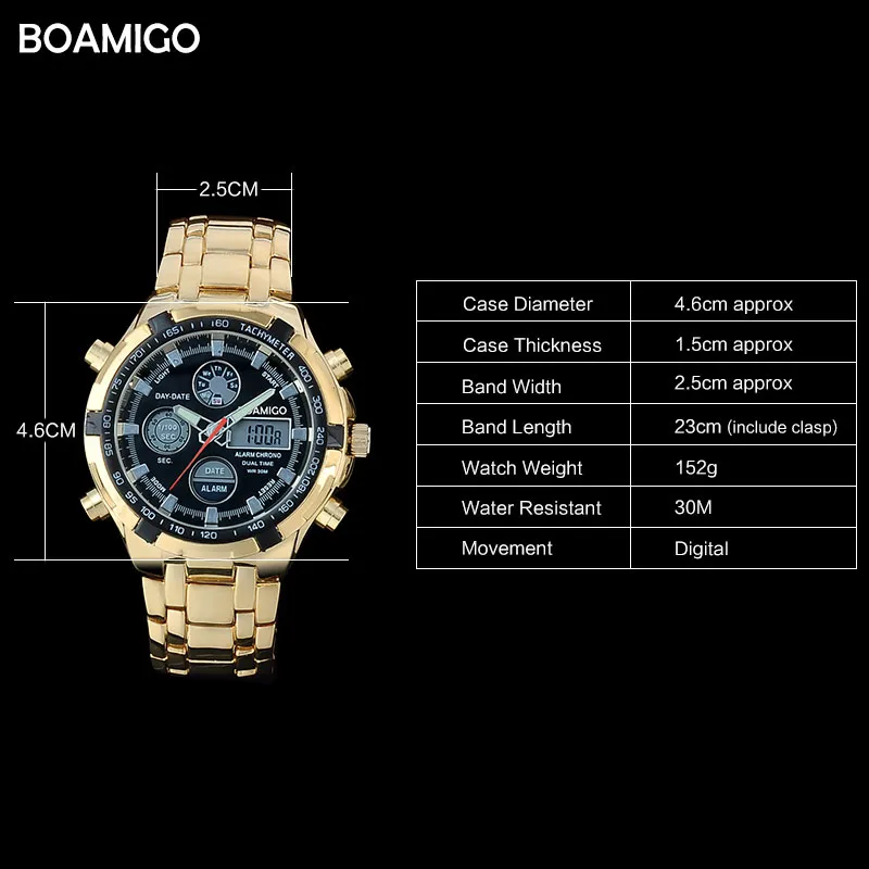 BOAMIGO Brand Watches Military Men Sport Watches Auto Date chronograph gold Steel Digital Quartz Wristwatches Relogio Masculino LY309Q
