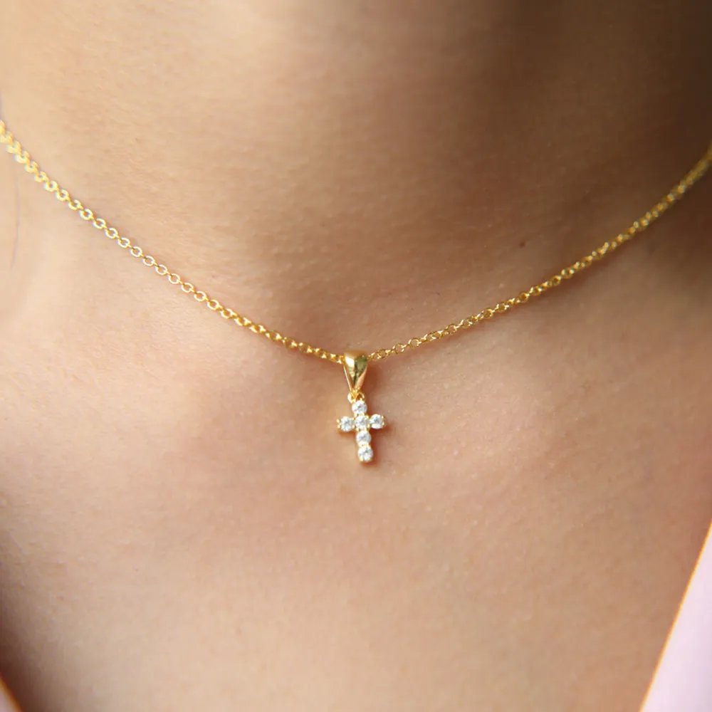 high quality gold filled 925 sterling silver pave tiny cute cross pendant chocker necklace designer necklace for women1738