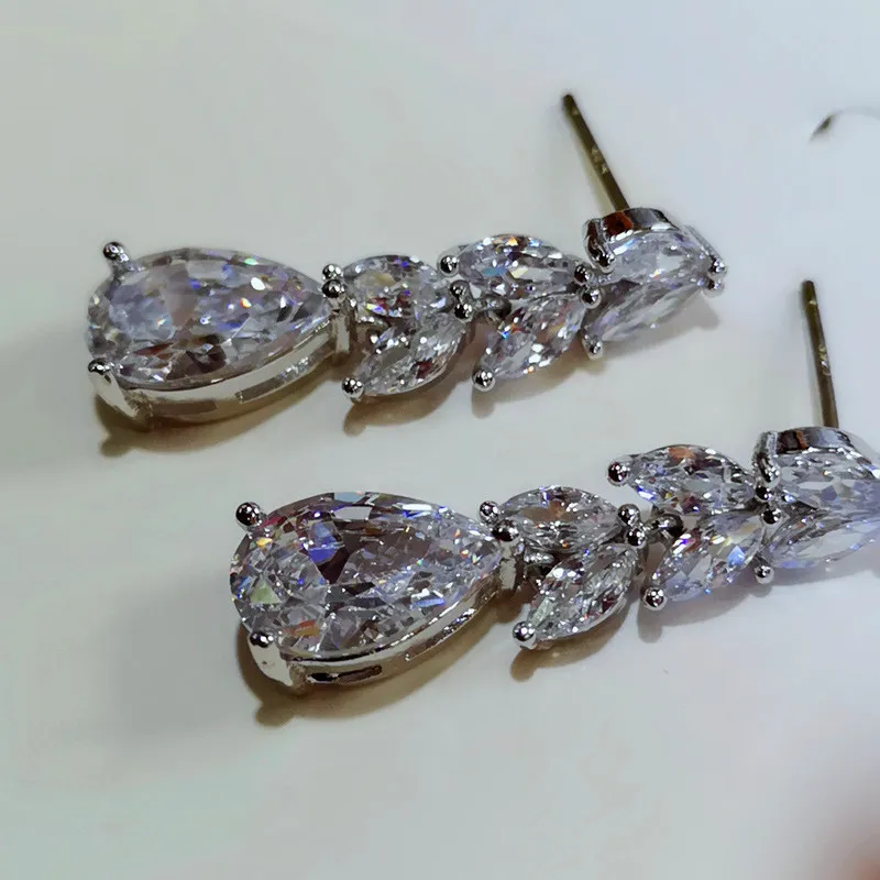 Orecchini pendenti con foglie di cristallo femminili alla moda Orecchini pendenti in argento sterling 925 con diamanti bianchi Orecchini pendenti lunghi con gioielli da sposa Boho272h