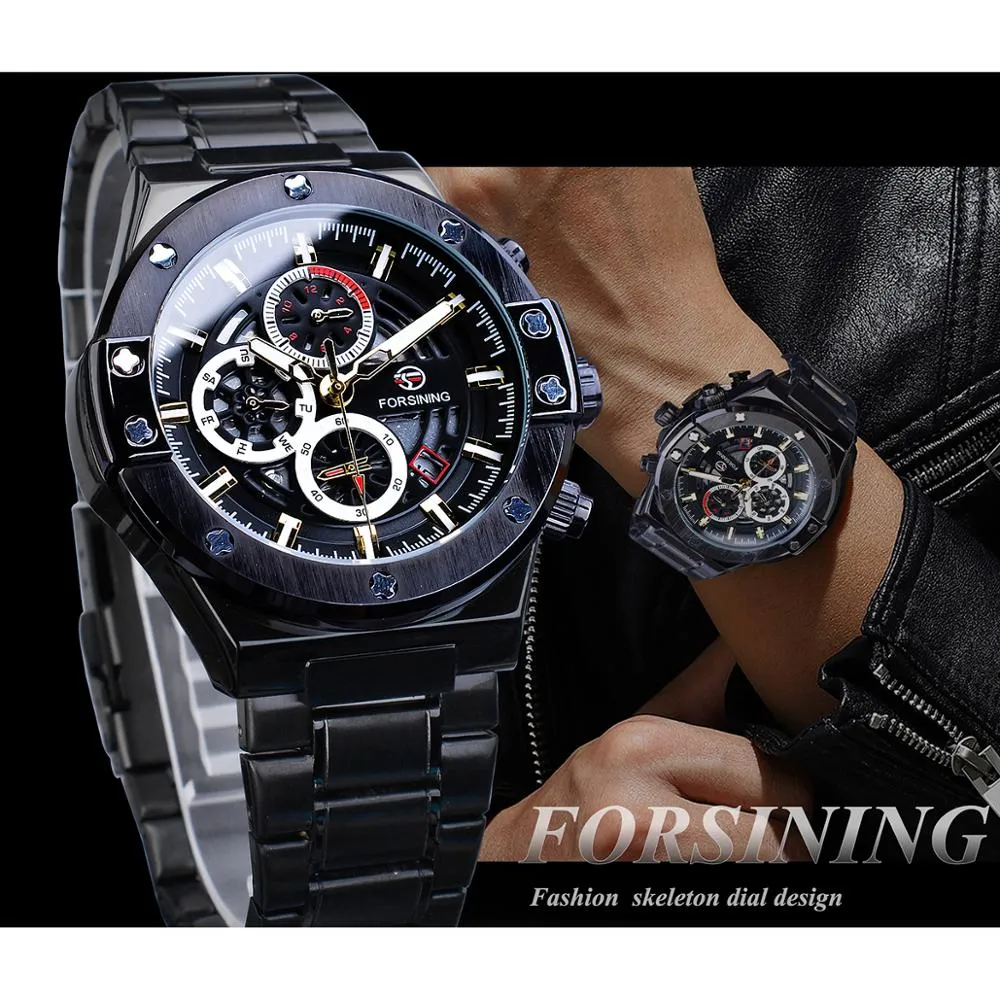 Forsining Racing hommes montre mécanique automatique étudiants jeu course calendrier mâle lueur mains noir acier inoxydable ceinture Mans Clock283D