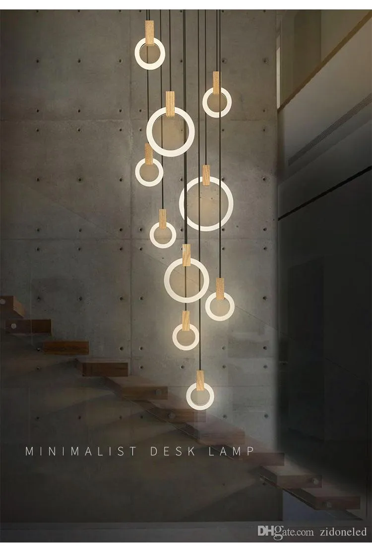 Lustre contemporain en bois LED, anneaux en acrylique, éclairage d'escalier, 3 5 6 7 10 anneaux, luminaire d'intérieur, 261C