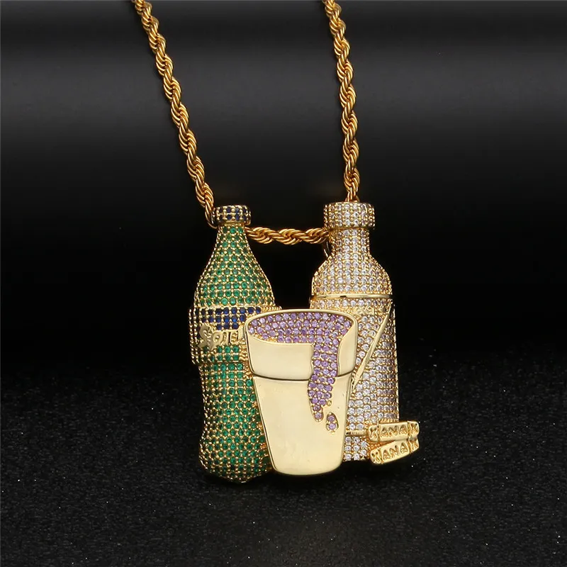 Hip Hop Iced Out Sprite Bottle Purple Cup Combo Pendant Necklace Gold Silver Color Cubic Zircon Men's Jewelry244S