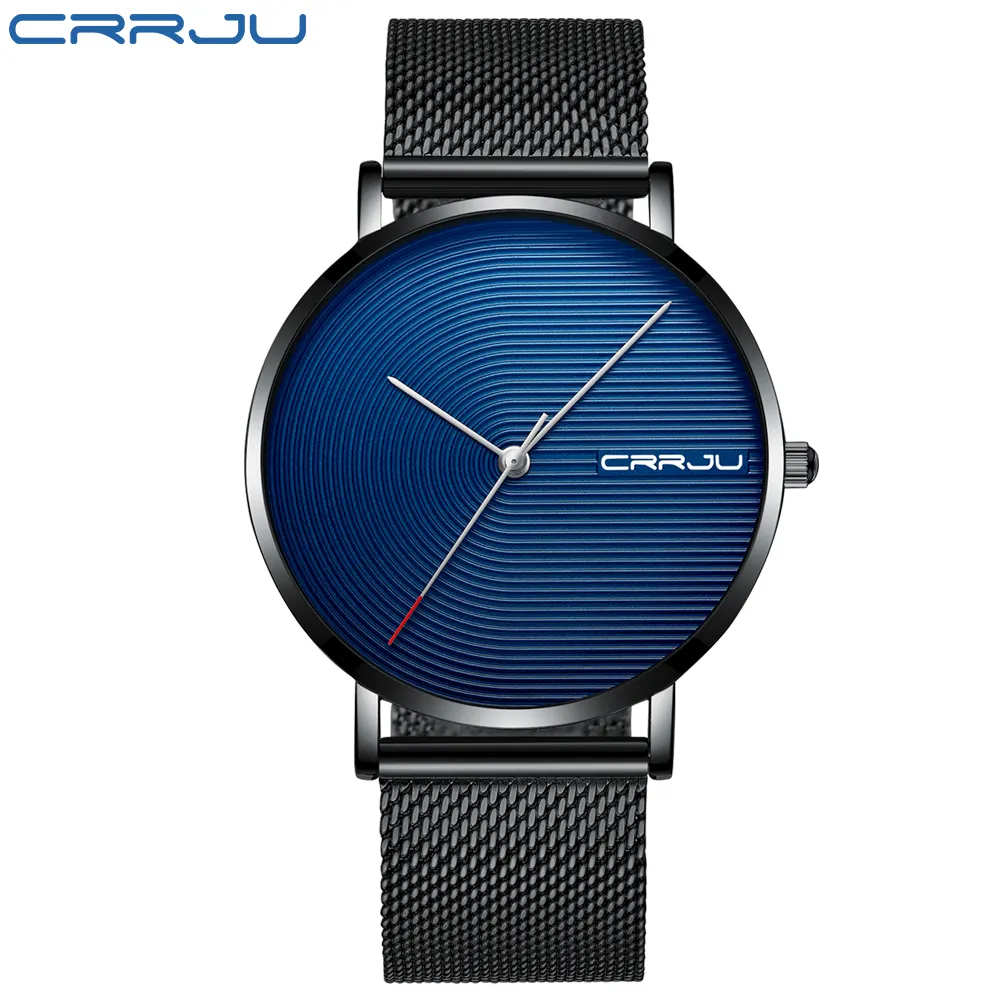 Crrju Luxury Men kijken naar mode Minimalistische blauwe ultradunne mesh-riem Bekijk Casual waterdichte sport mannen polshorloge cadeau voor Men352A