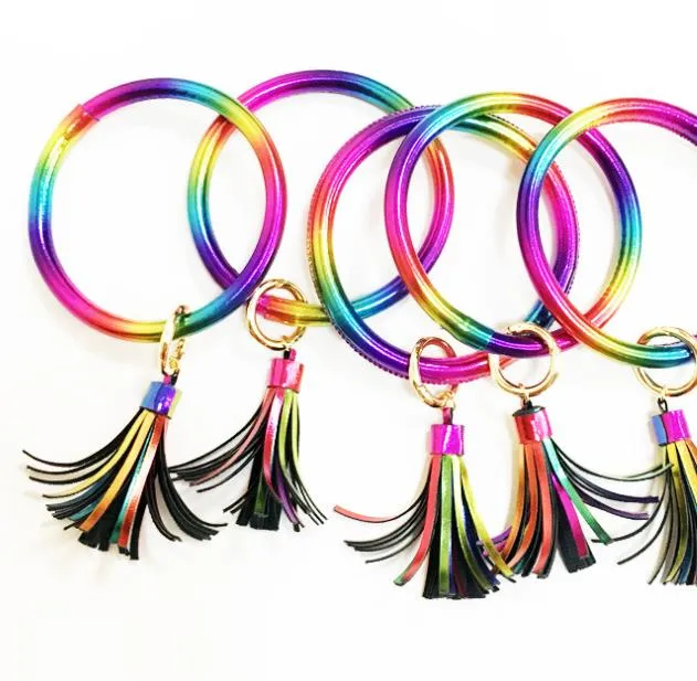 Colori PU cuoio rotondo nappa braccialetto braccialetto portachiavi le donne alla moda arcobaleno colore cerchio portachiavi cinturino da polso cinturino da polso284b