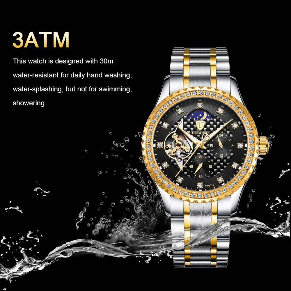 Reloj Automático TEVISE de lujo con banda de acero inoxidable para hombre, reloj mecánico luminoso con fase lunar y diamante a la moda para hombre, 323G