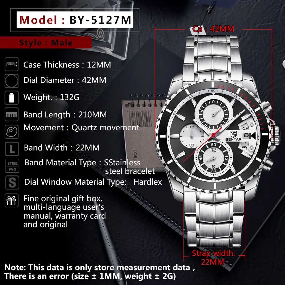 Benyar Fashion Business Dress Mens Watches Top Brand Luxury Chronograph Full Steel Waterproof Quartz Clock Support Drop282d