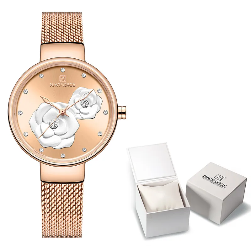 New NAVIFORCE Rose Gold Women Watches Dress Quartz Watch Ladies with Luxury Box Female Wrist Watch Girl Clock Set for 326c