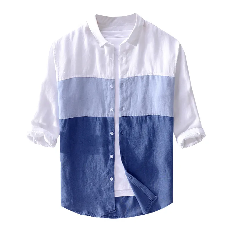 Mężczyźni wiosna lato harajuku japońska styl mody kolor gradient patchwork Wysoka jakość lniana trzy kwadransowe męskie koszule