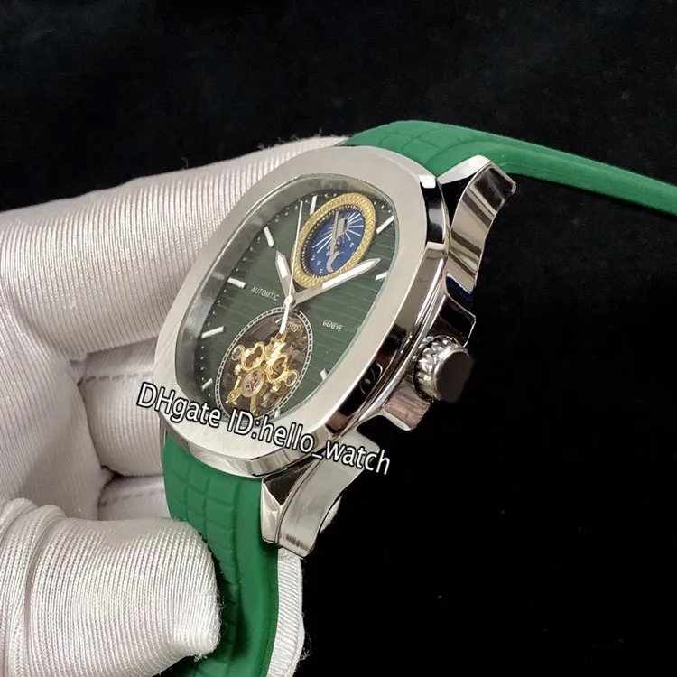 Nieuwe Sport Groene Wijzerplaat Automatische Maanfase Tourbillon Herenhorloge Stalen Kast Groene Rubberen Band Hoge Kwaliteit Horloges 10 Kleur Hallo 216P