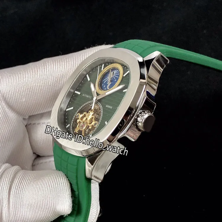 Novo esporte mostrador verde automático fase da lua tourbillon relógio masculino caixa de aço pulseira de borracha verde relógios de alta qualidade 10 cores Olá 309e