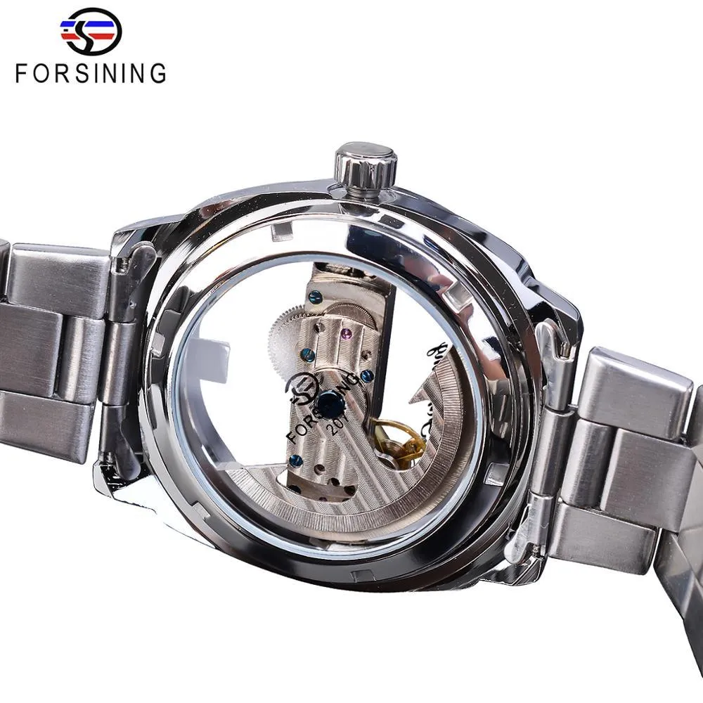 Forsining Männer Transparent Design Mechanische Uhr Automatische Silber Quadrat Goldene Getriebe Skeleton Edelstahl Gürtel Uhr Saati Y253s
