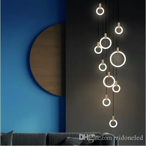 Modernt trä LED -ljuskrona belysning akrylringar led droppljus trappbelysning 3 5 6 7 10 ringar inomhus belysning fixtur197p