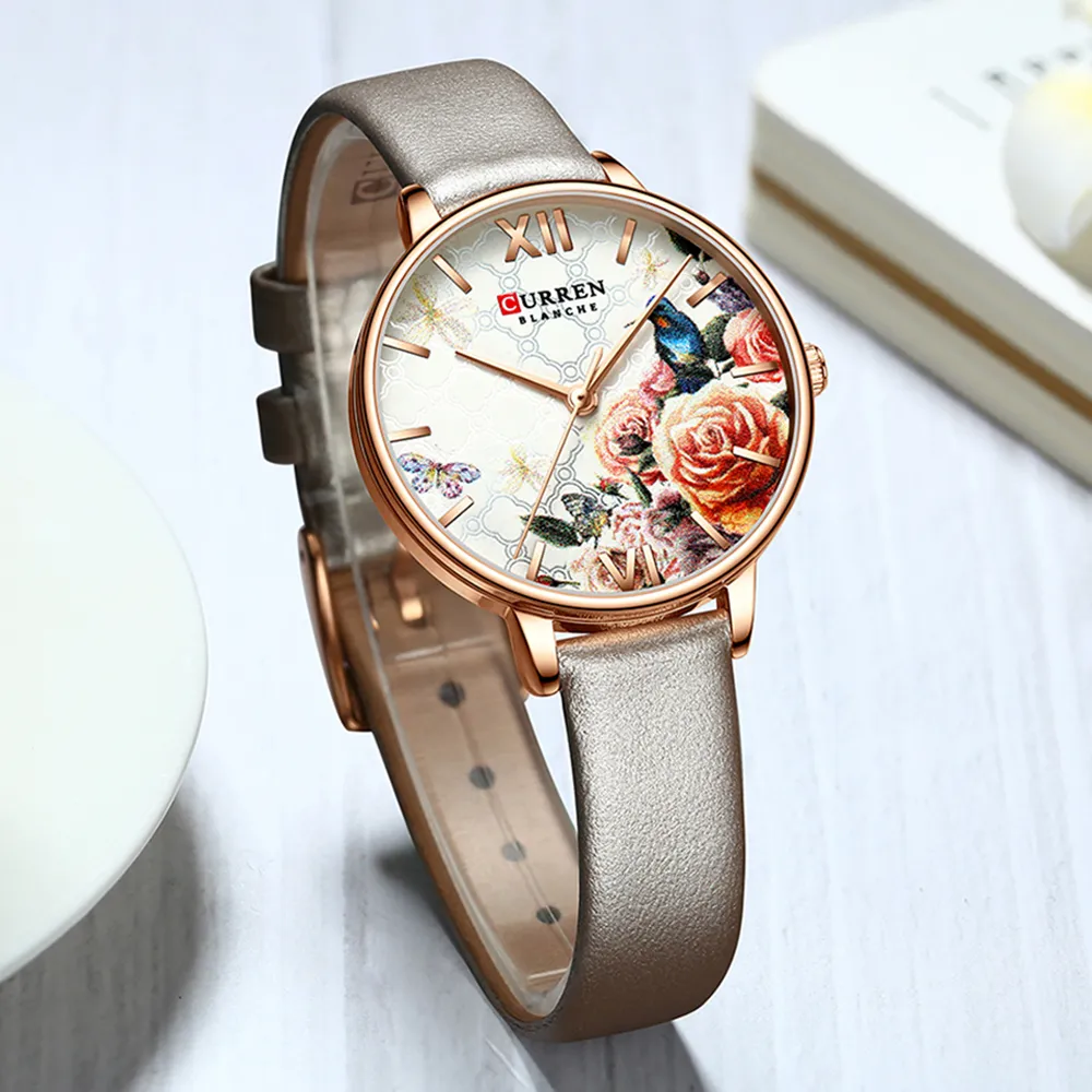 CURREN Relógios com pulseira de couro Relógio de quartzo feminino lindo relógio de pulso rosa feminino design de moda charmoso Wat324E