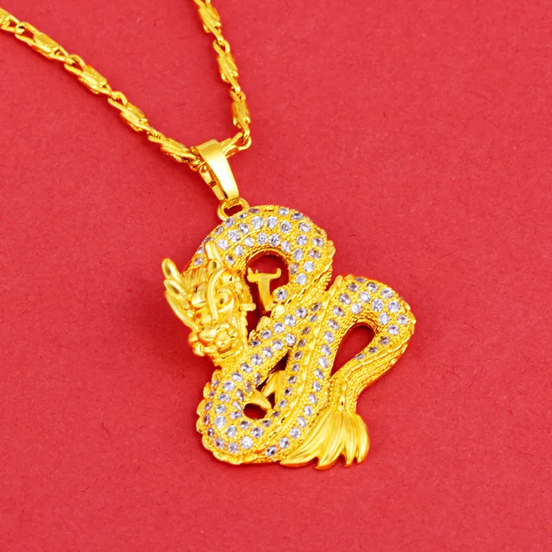 Collana con ciondolo classico da uomo con design a forma di drago scintillante, pavé di zirconi, in oro giallo, classica, regalo309f