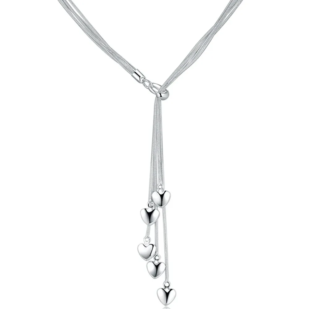 925 Sterling Silver Heart Pendant Long Necklace Eleganta smycken för damer Muliti Chain Wedding Evening Party Accessories265D