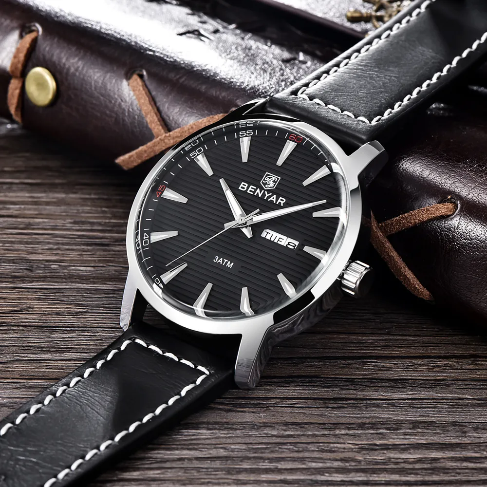 Marca de lujo superior BENYAR, nuevo reloj para hombre, moda, resistente al agua, fecha de semana, relojes militares de cuero de cuarzo para hombre, reloj Masculino230F