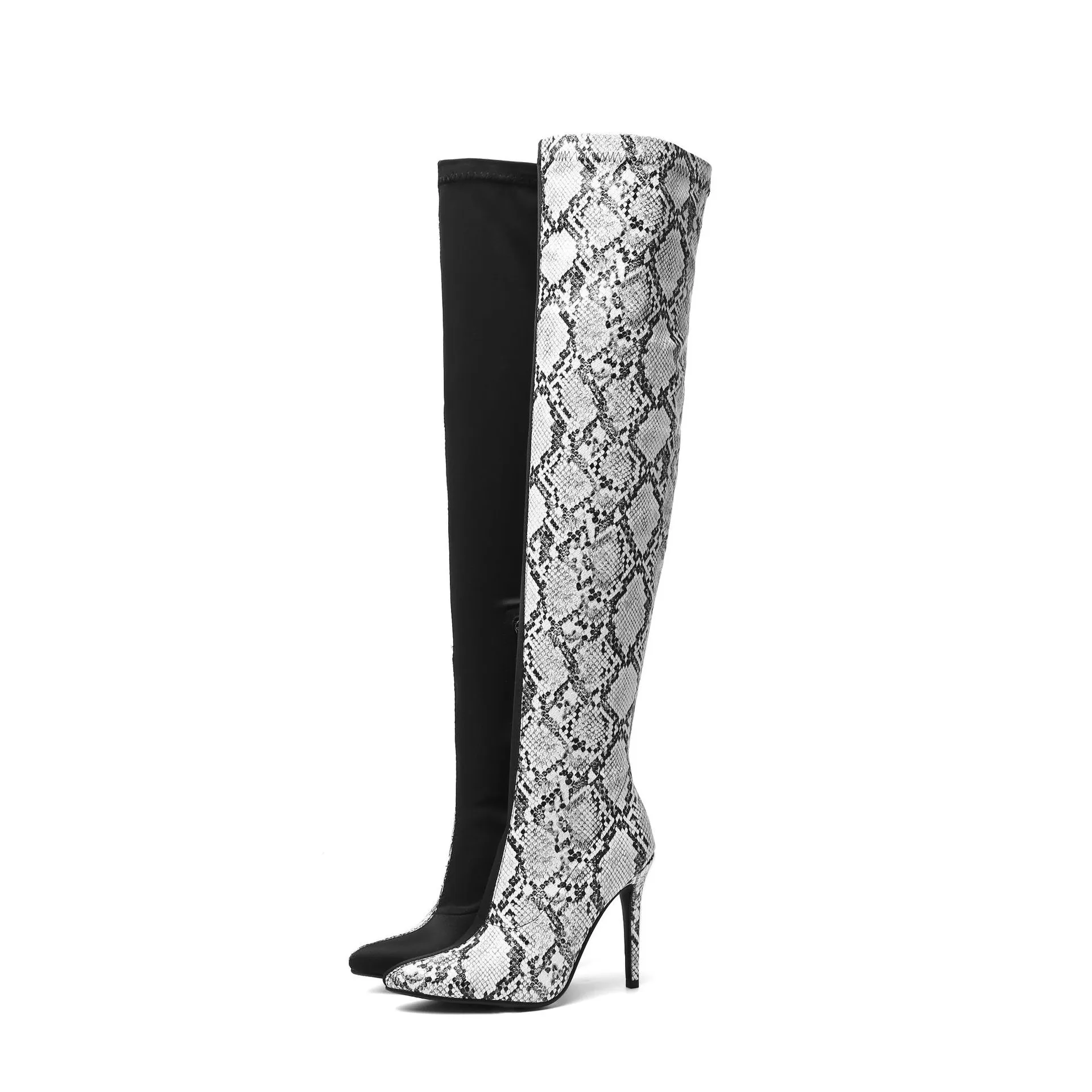 Snake Color Thigh-High Boots Ladies Pointy Large Size 34-43 Women's Boots 11CM High Heel Serpentine Fashion Roman Boots Girls Shoes 162-2