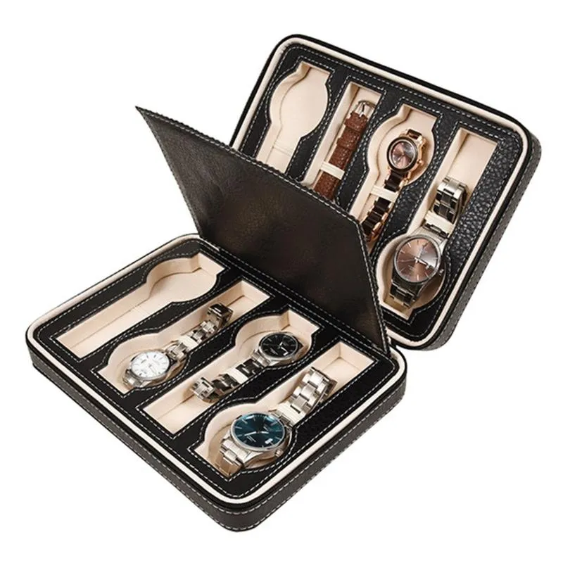 Boîtes de montres Cas 8 Slot Portable Noir Fibre de Carbone PU Cuir Zipper Sac de rangement Boîte à bijoux de voyage Cadeau de luxe personnalisé 1303x