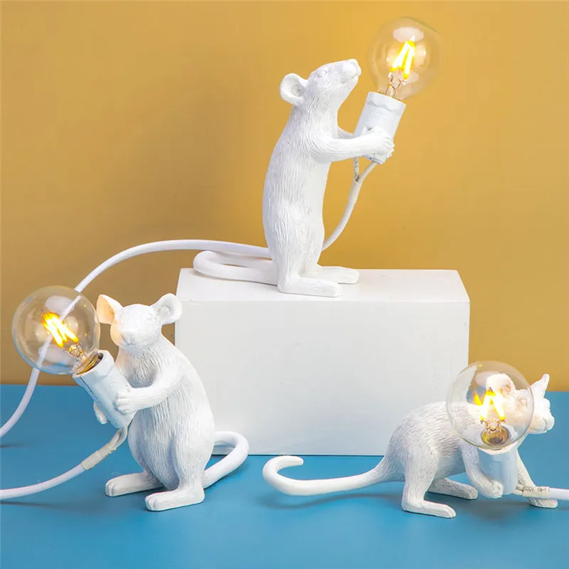Lámpara de mesa creativa de resina con diseño de rata y ratón, Mini ratón pequeño, lindas luces LED de noche, luces de escritorio de decoración para el hogar, lámpara de noche EU AU US UK 244D