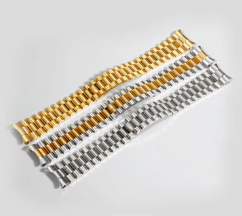 Watchband 13mm 17mm 20mm Silver Gold Watch Band ثلاثة سلالات تلميع الفولاذ المقاوم للصدأ تلميع الأساور المنحنية المنحنية من أجل R288Q