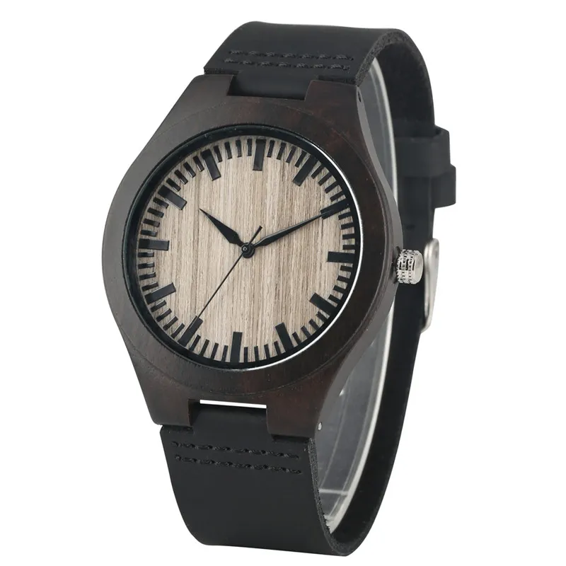 Montre décontractée en bambou noir pour hommes, montres-bracelets en bois de santal, montre-Bracelet à Quartz analogique en bambou, Bracelet en cuir, Clo258W