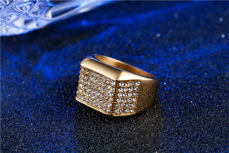 new Fashion luxury designer full diamonds titanium stainless steel golden men rings hip hop jewelry3254