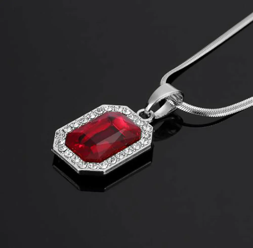 Red Lab Ruby Rectangle GEM Pendant Bling Simulated Diamonds Ruby Jewelry 18K Yellow Gold Plated Necklace Snake Bone chain275d