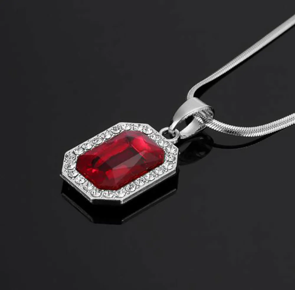 Red Lab Ruby Rectangle GEM Pendentif Bling Simulé Diamants Ruby Bijoux 18K Or Jaune Plaqué Collier Serpent Os chaîne236W