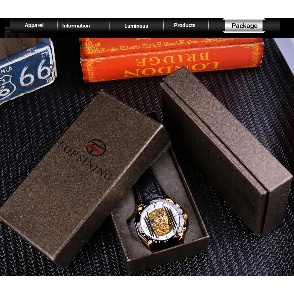 Forsining Neue Goldene Brücke Design Getriebe Bewegung Innen Durchbrochene Arbeit Steampunk Herren Uhren Top-marke Luxus Mechanische Armbanduhr Watch2563