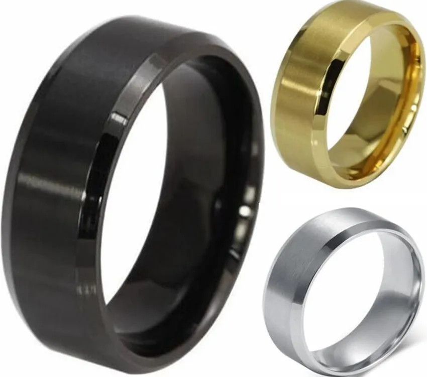 50 pçs preto ouro prata bordas chanfradas conforto-ajuste 8mm banda anéis de casamento de aço inoxidável anel de festa dos homens toda a moda jóias254f