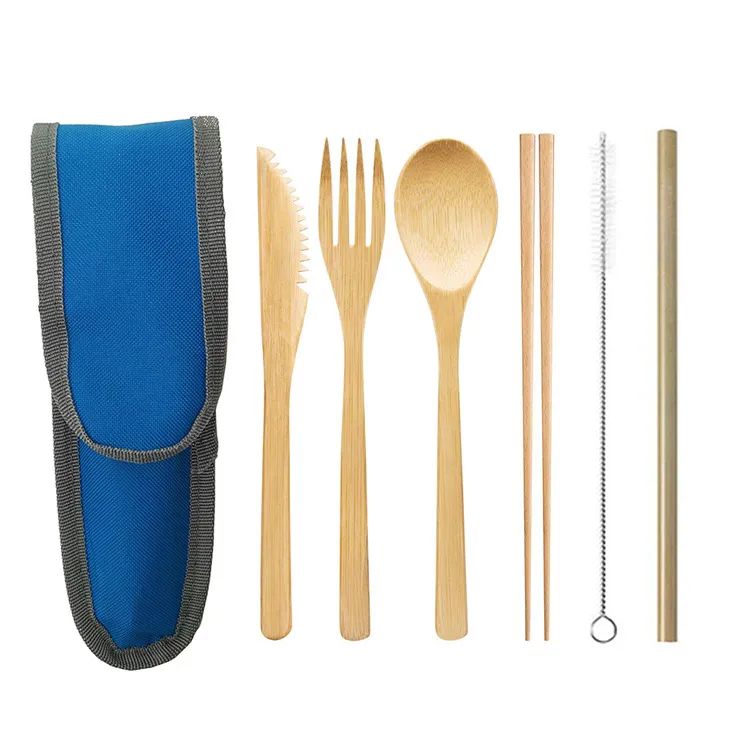 Bamboe bestek sets mes vork lepel kit bamboe stro draagbare outdoor picknick eco vriendelijke serviespak wegwerp