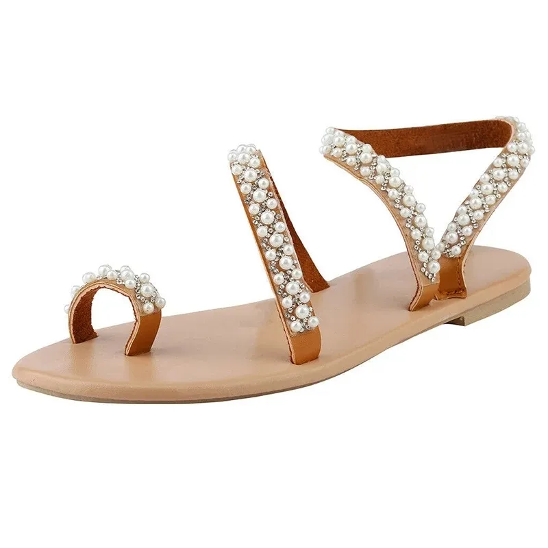 Scarpe Moda Sandali casual con suola piatta con perle di cristallo da donna Nuovi sandali estivi da donna Bohemia Comode scarpe da donna