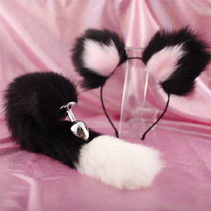 Cute Soft Cat ears Headbands with 40cm Fox Tail Bow Metal Butt Anal Plug Erotic Cosplay Accessories Adult Sex Toys for Couples MX200410