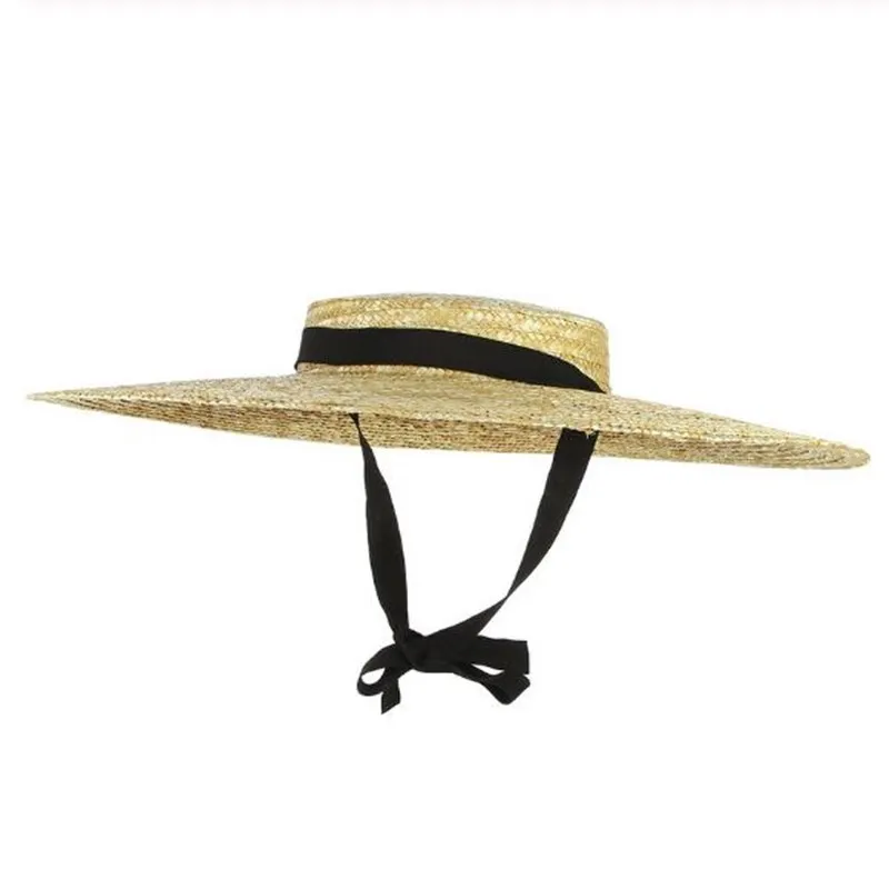Neue große Krempe Strohhut Sommerhüte für Frauen Band Strandkappe Boater Flat Top Sun Hat235W