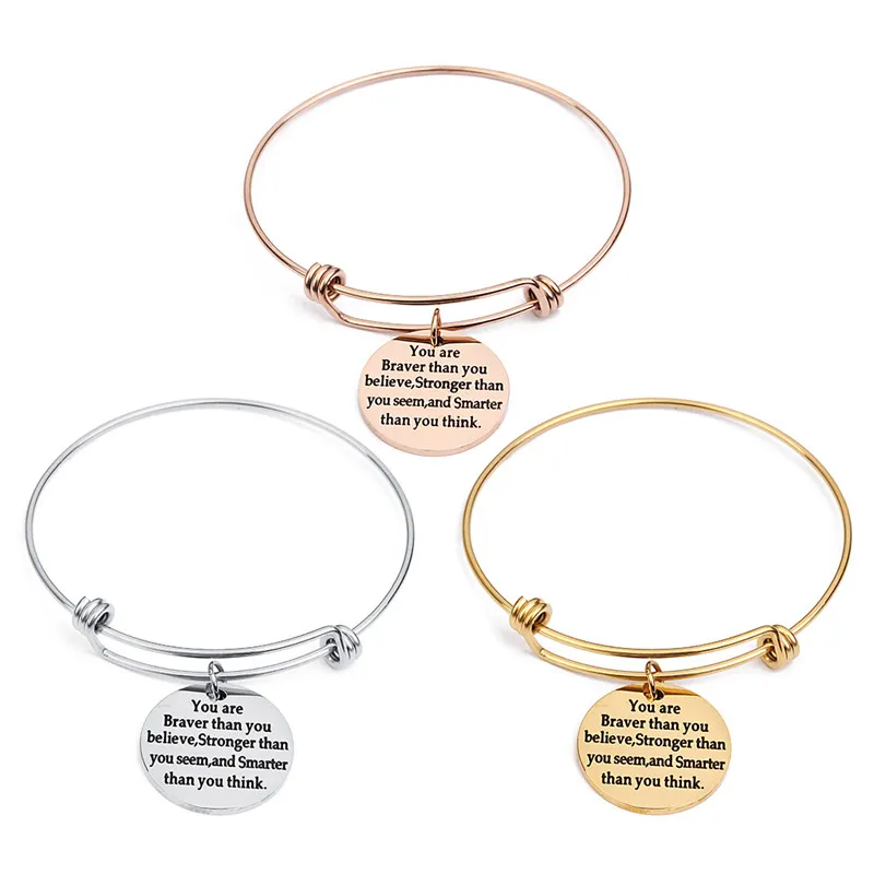 Mayforest Nouveau pendentif rond en acier inoxydable Bracles or Couleur Gold Gravé Mot 25 mm Bracelets Bracelets Bangles Pulseras Mujer24255492895087