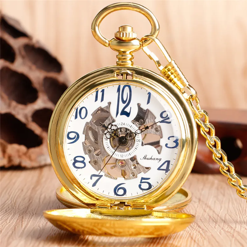 Luksusowy srebrny brązowy złoty kieszonkowy zegarek Vintage szkieletowe okrzyknięcie ręczne zegarki mechaniczne podwójne łowca obudowa fob łańcuch 255q