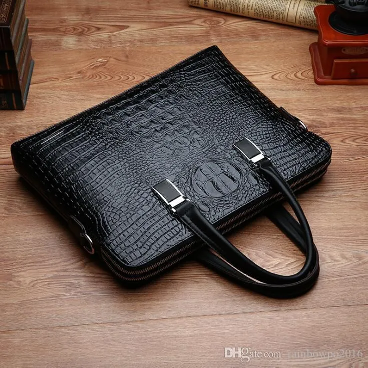 whole brand pack fashion crocodile print business briefcase trendy cross section crocodile leather man handbag multi function 243d