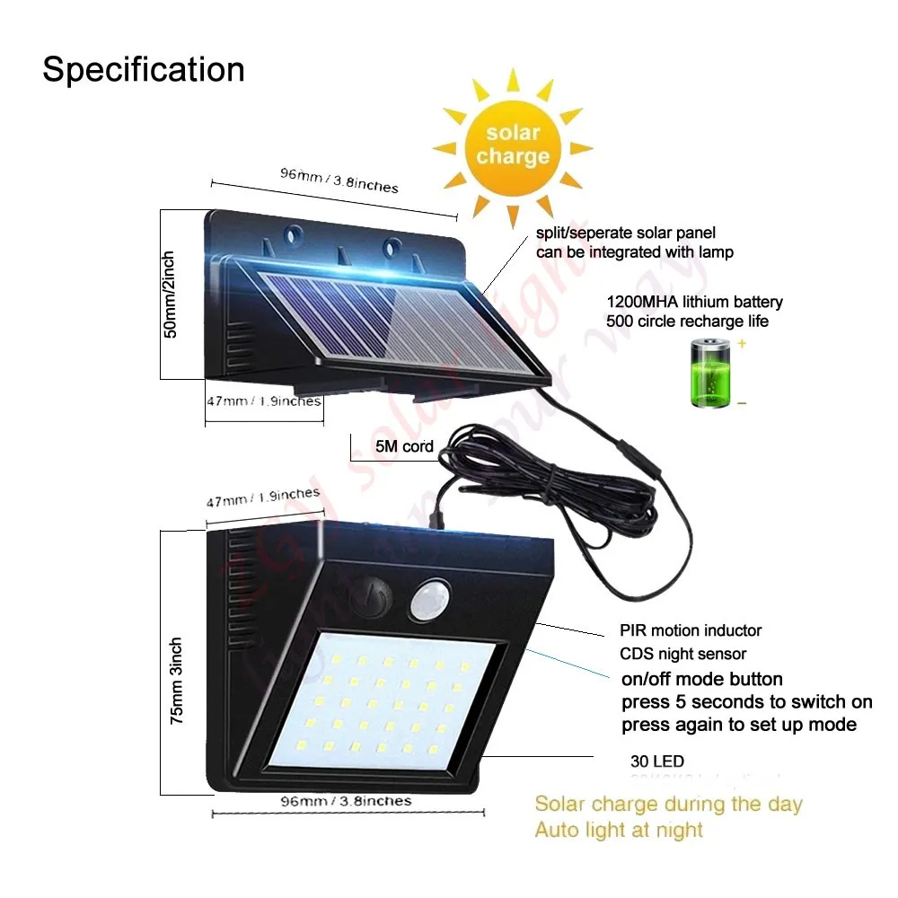 5M cable LED Luz solar Impermeable PIR Sensor de movimiento Lámpara de pared Jardín al aire libre Parques Seguridad Emergencia Calle Solar Jardín punto de luz