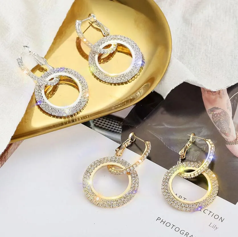 Vrouwen bling bling full crystal dubbele cirkel hoepel oorbellen mode sieraden elegante nobele stijlvolle nobele hoepel wilde oorbellen cadeau fre316u