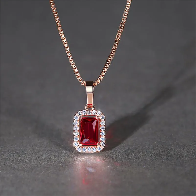 Mode luxe or Rose carré pendentif collier femmes mariage fiançailles rouge cristal strass Zircon colliers cubique Zircon P205H