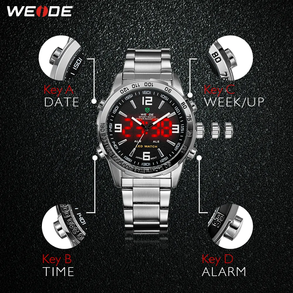WEIDE мужские кварцевые часы с цифровым дисплеем и автоматической датой, деловые наручные часы с черным циферблатом, водонепроницаемые часы в стиле милитари, Relogio Mascul230J