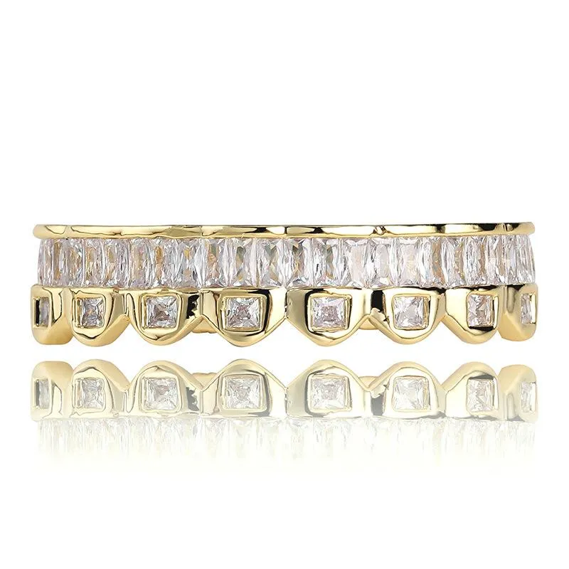 New Baguette Set Teeth Grillz Top & Bottom Rose Gold Silver Color Grills Dental Mouth Hip Hop Fashion Jewelry Rapper Jewelry289z