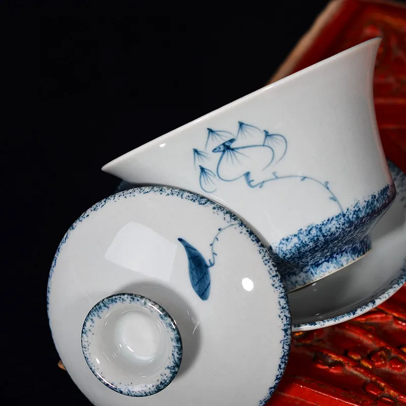 Copri tè in porcellana blu e bianco gaiwan retrò dipinto a mano Ciotola da tè Sancai in ceramica Jingdezhen antica tazza da tè3075