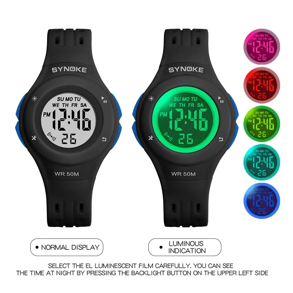 PANARS модные 5 цветов светодиодные детские часы WR50M водонепроницаемые детские наручные часы-будильник многофункциональные часы для девочек и мальчиков293l