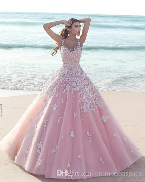 2020 قال Mhamad A-Line Pink Wedding Dresses Organza Allover Lace Desidique مع خط العنق مغرفة والروسات الزفاف السوستة الظهر 3026