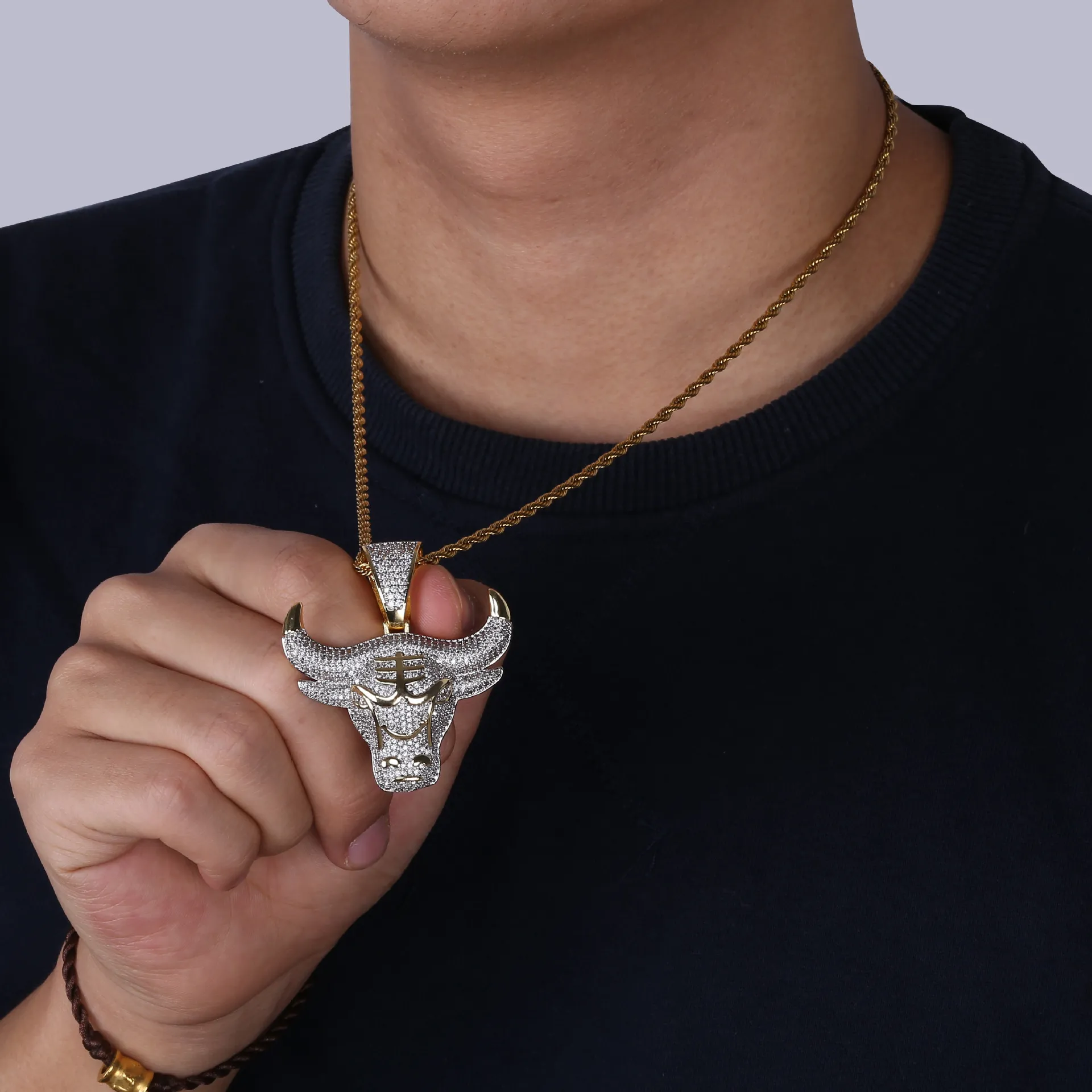 Iced Out CZ King Bull Demon colgante collar oro plata hombres con cadena de cuerda Hip Hop Punk joyería de moda 3159