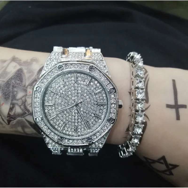 Hip Hop Relojes para hombre Conjunto de pulseras Moda Diamante Iced Out Cadena cubana Reloj de plata y oro Conjunto con caja 201912803