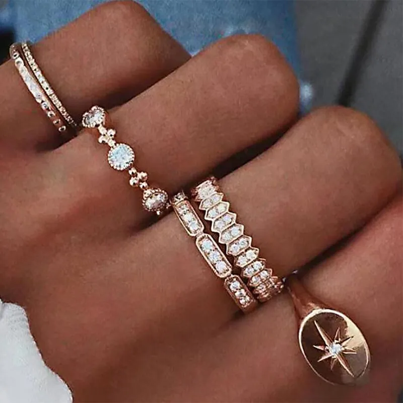 Moda Kobiety Ring Set Kryształowy Pave Star Bague Czeski Metal Minimalistyczny Pierścionki Pierścionki Kobiety Ślub