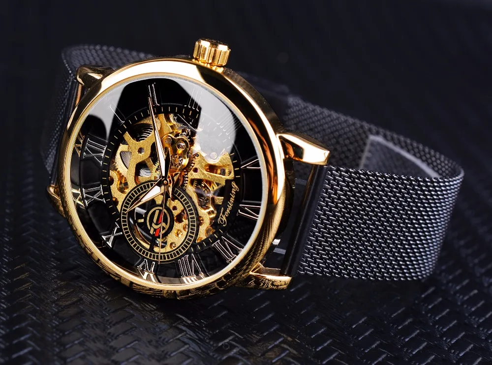 Forsining Transparante Kast 2021 Mode 3D Logo Graveren Gouden Roestvrij Staal Heren Mechanisch Horloge Topmerk Luxe Skeleton Wa224M