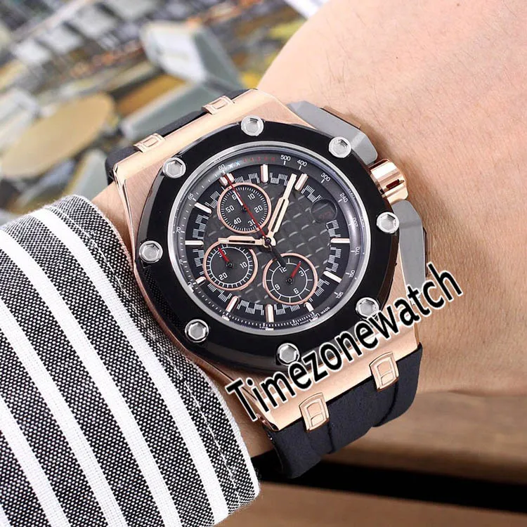 New Royal 26568 PM Двухцветный Pvd Rose Gold Black Inner Grey Dial Vk Quartz Chronograph Mens Watch Grey Rubber TimezoneWatch 3088